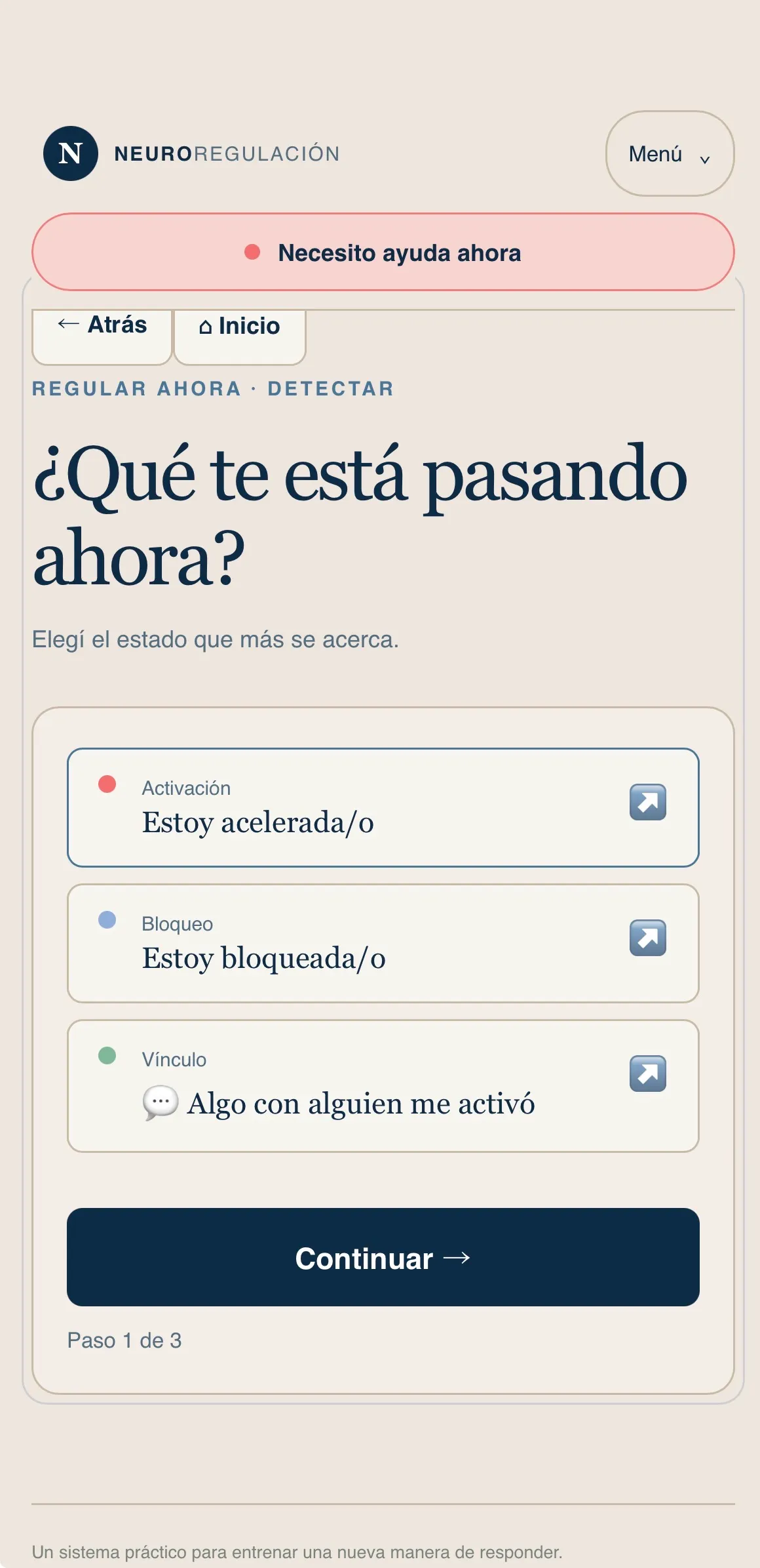 Detectar: ¿Qué te está pasando ahora? Opciones Activación, Bloqueo y Vínculo.