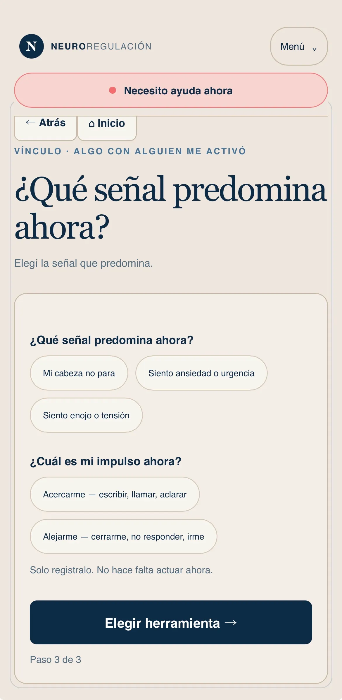 Vínculo: ¿Qué señal predomina ahora? Registro de la señal y del impulso antes de elegir una herramienta.