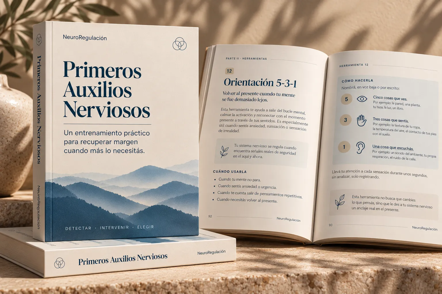 Mockup conceptual provisional de Primeros Auxilios Nerviosos, con libro cerrado y páginas abiertas. No reproduce la edición final.